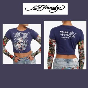 NWT Ed Hardy Dark Blue with True Love Bird Sheer Tattooed Long Sleeve Crop Top